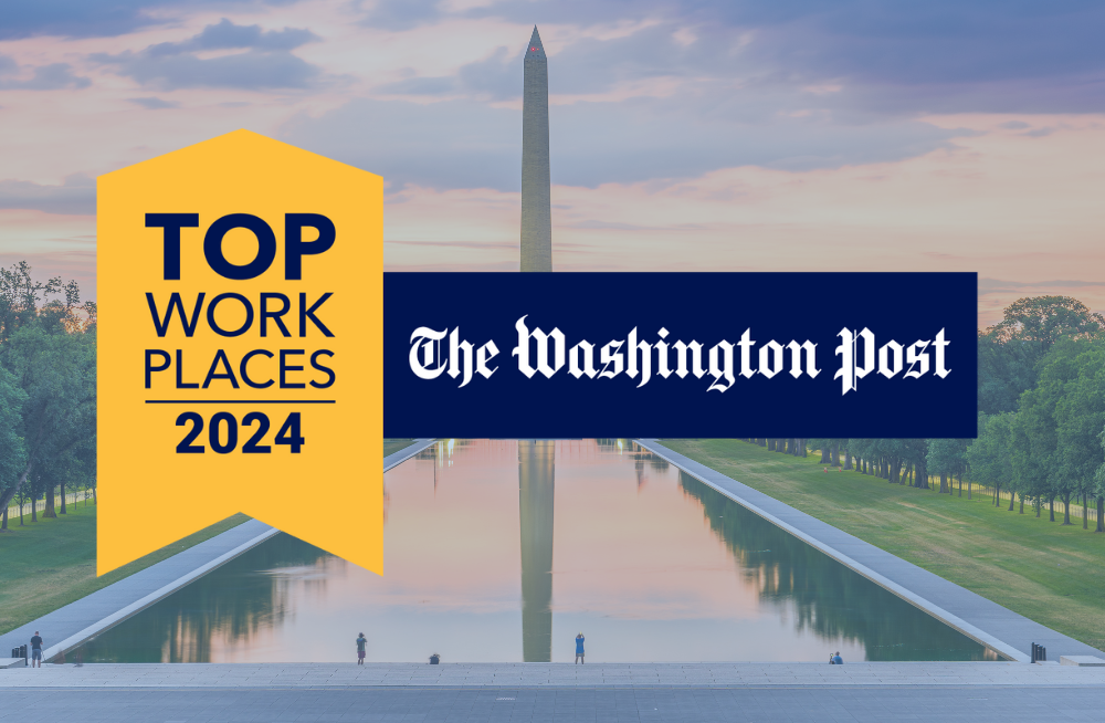 A logo at the center of the page reads: "Top Work Places 2024: The Washington Post." In the background is the Washington Monument.