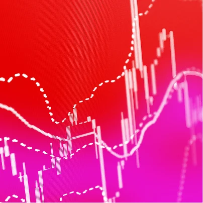 Financial chart with candlestick and line graphs trending downward.